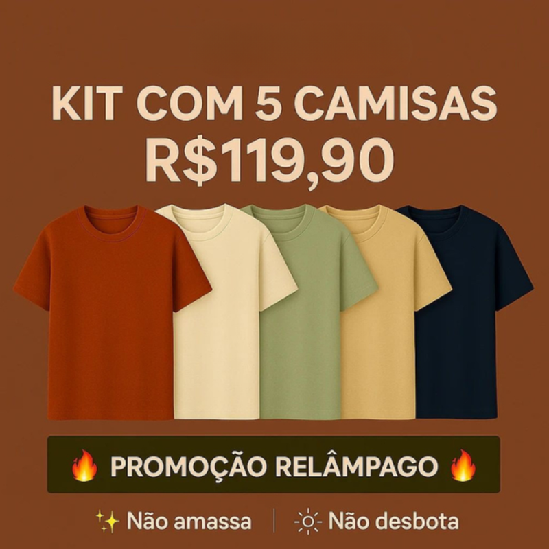 Kit com 5 Camisetas Texturizadas Malha Waffle Milano - Não amassa, não desbota e 0 transparência